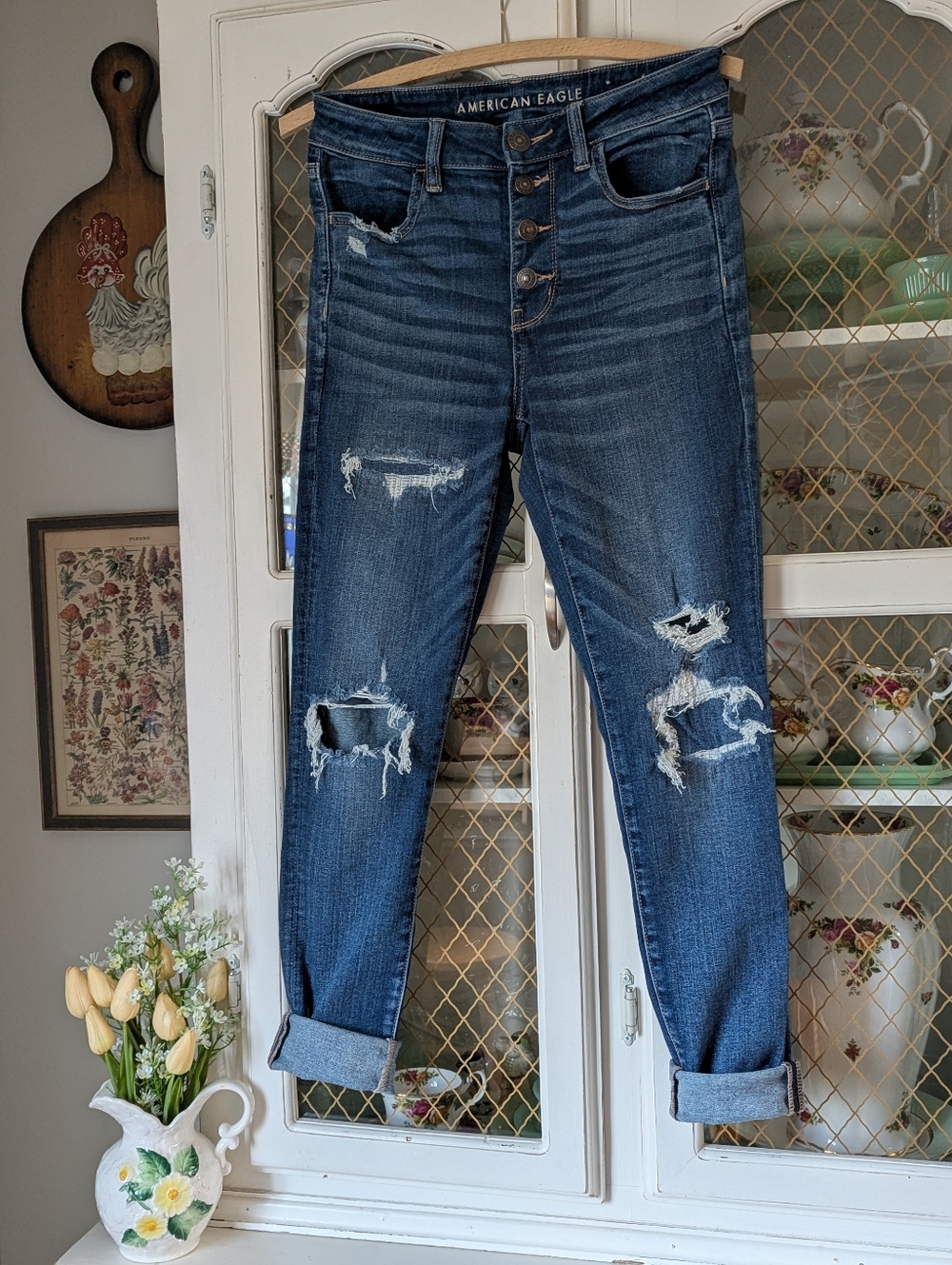 American Eagle Outfitters Distressed Dark Blue Skinny Jeans High Rise Jegging